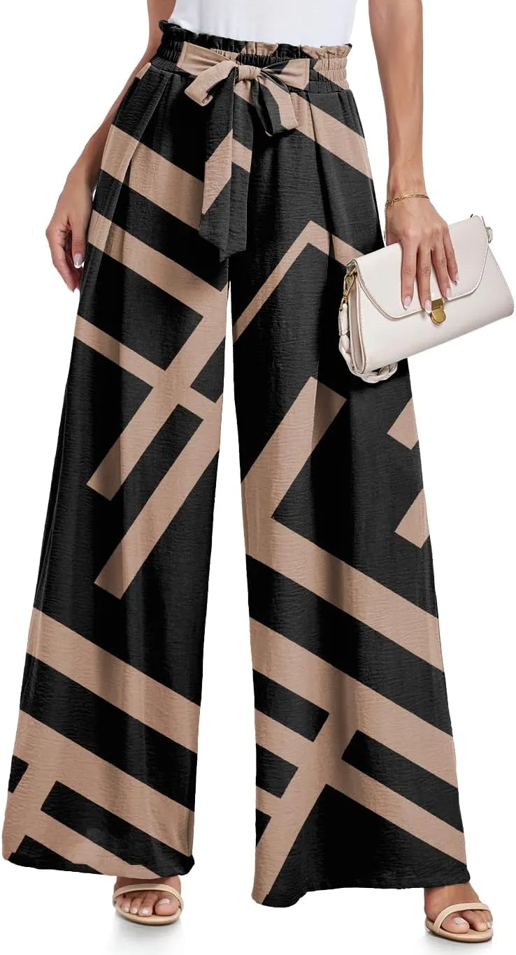 Lepunuo Wide Leg Pants for Women High Waisted Palazzo Pants Work Casual Flowy Tie Knot Trousers with Pockets