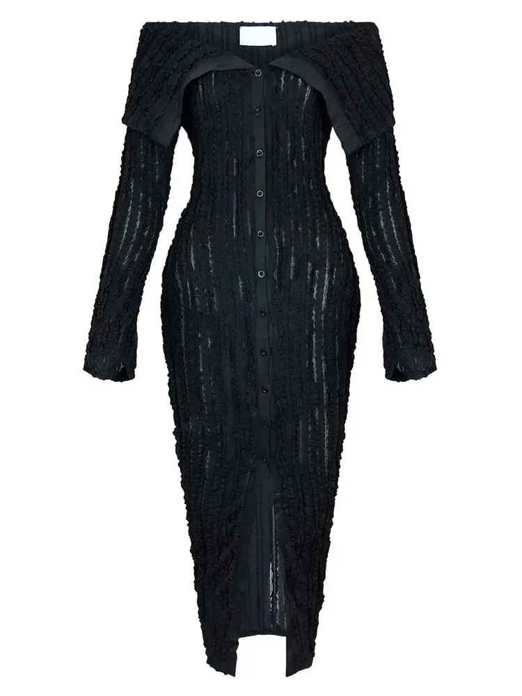 LVSANW Beyprern Women's Chic Pleated Midi Dress Off Shoulder See-Through Fitted Ruched Party Dress Night Club Outfits Clubwear