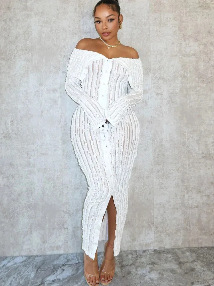 LVSANW Beyprern Women's Chic Pleated Midi Dress Off Shoulder See-Through Fitted Ruched Party Dress Night Club Outfits Clubwear