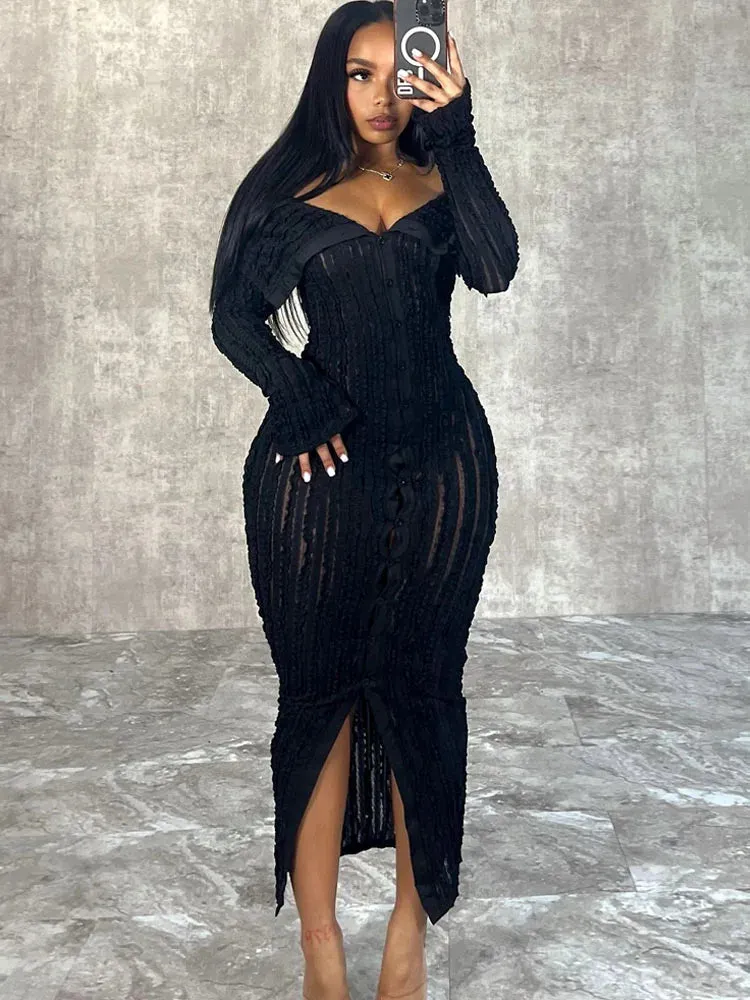 LVSANW Beyprern Women's Chic Pleated Midi Dress Off Shoulder See-Through Fitted Ruched Party Dress Night Club Outfits Clubwear