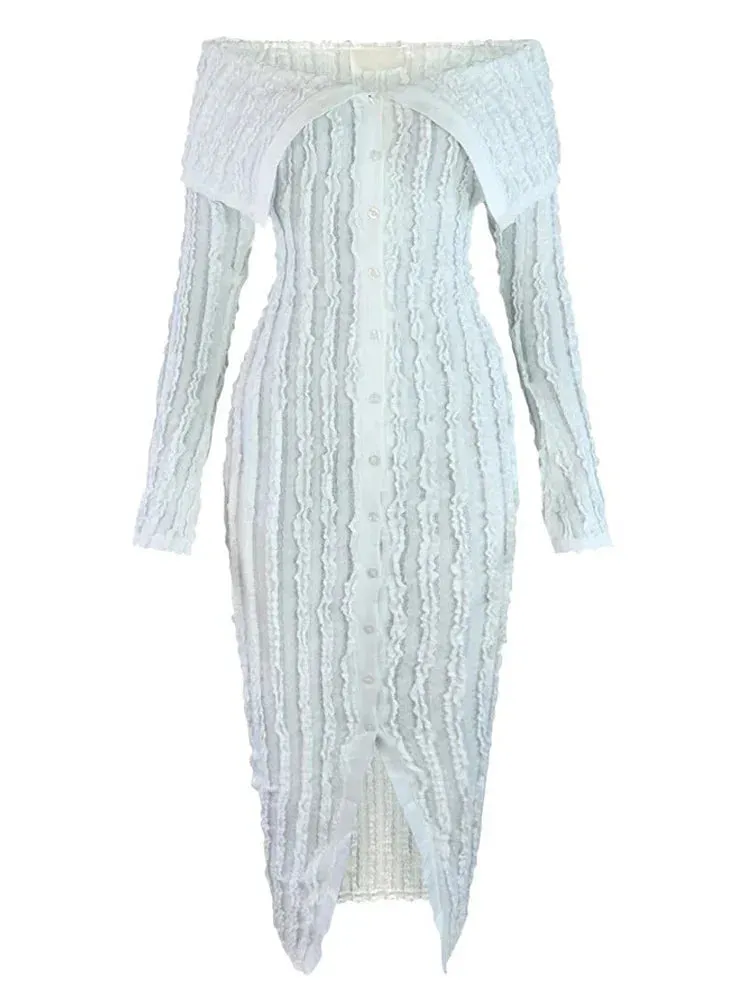 LVSANW Beyprern Women's Chic Pleated Midi Dress Off Shoulder See-Through Fitted Ruched Party Dress Night Club Outfits Clubwear