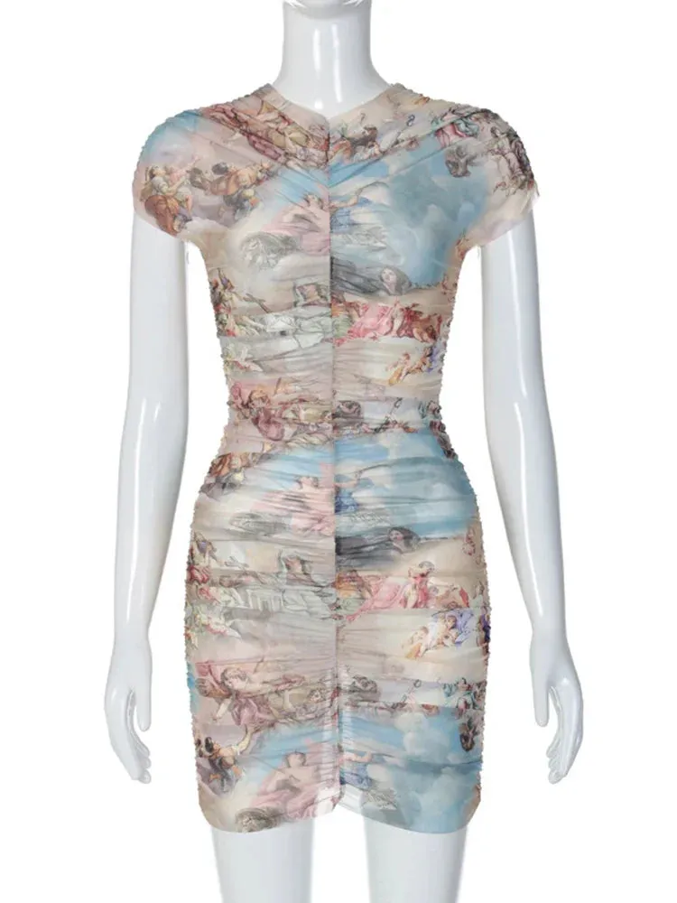 LVSANW Dulzura Artist Painting Short Sleeve Ruched Mesh Mini Dress Women Bodycon Sexy See Through Dress Sheer Outfits Y2K Party Club