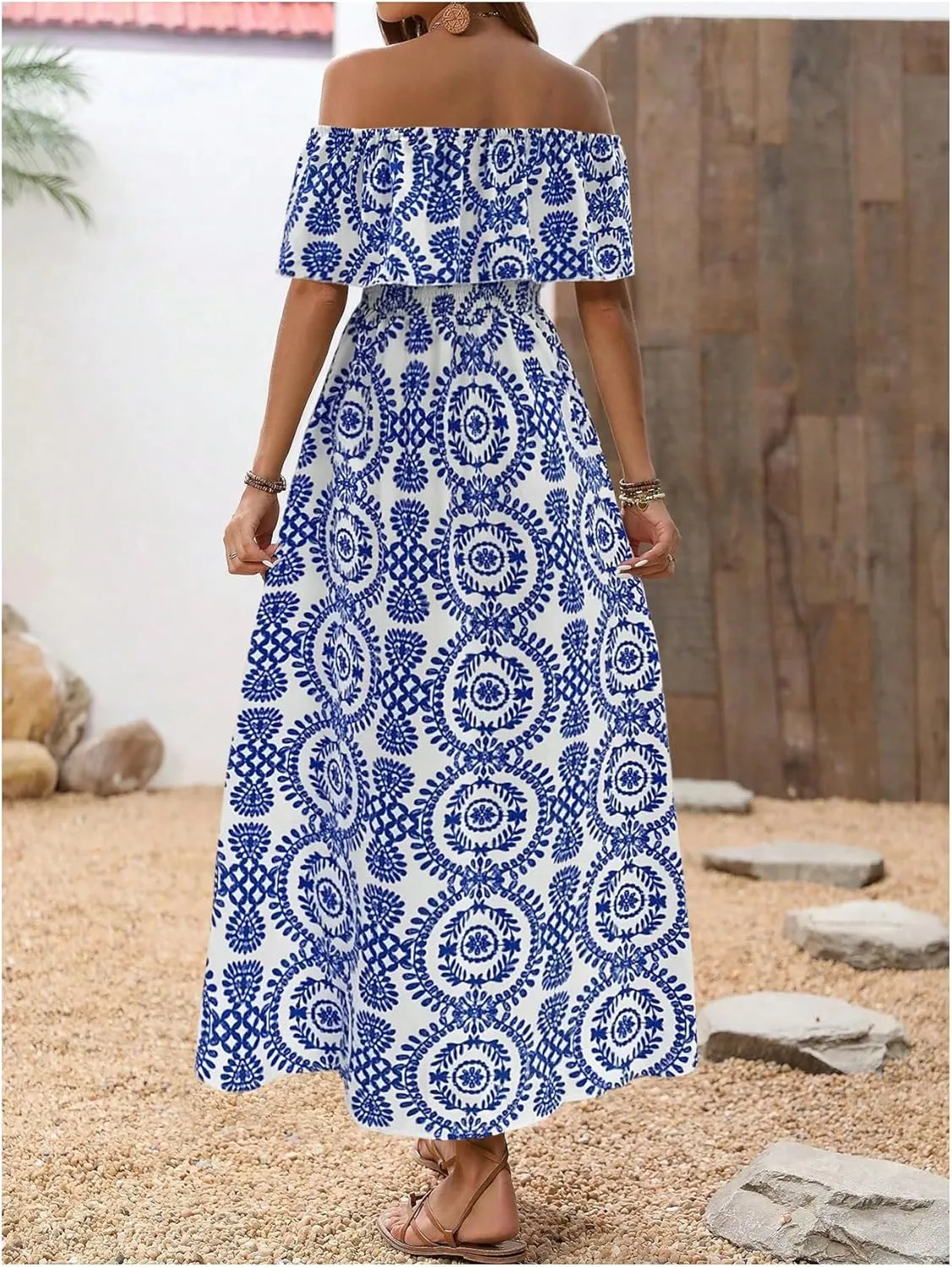 MakeMeChic Women's Floral Print Boho Dress Off Shoulder Shirred Split Thigh Midi Long Dresses