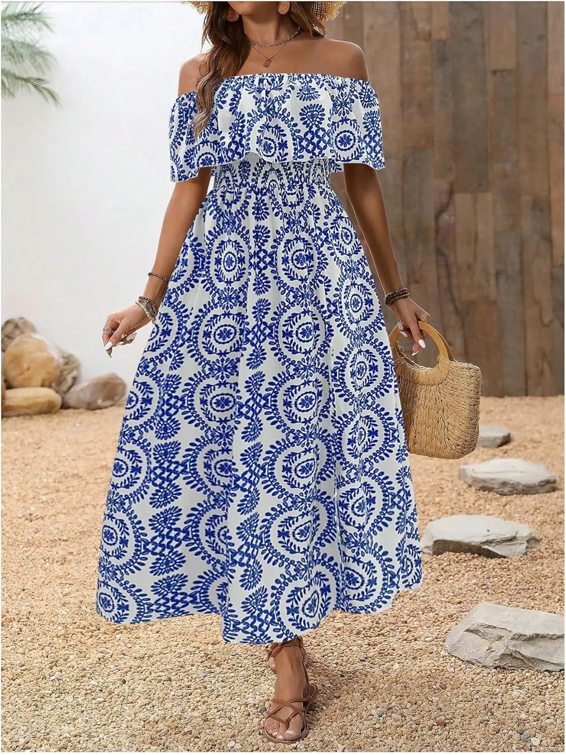 MakeMeChic Women's Floral Print Boho Dress Off Shoulder Shirred Split Thigh Midi Long Dresses