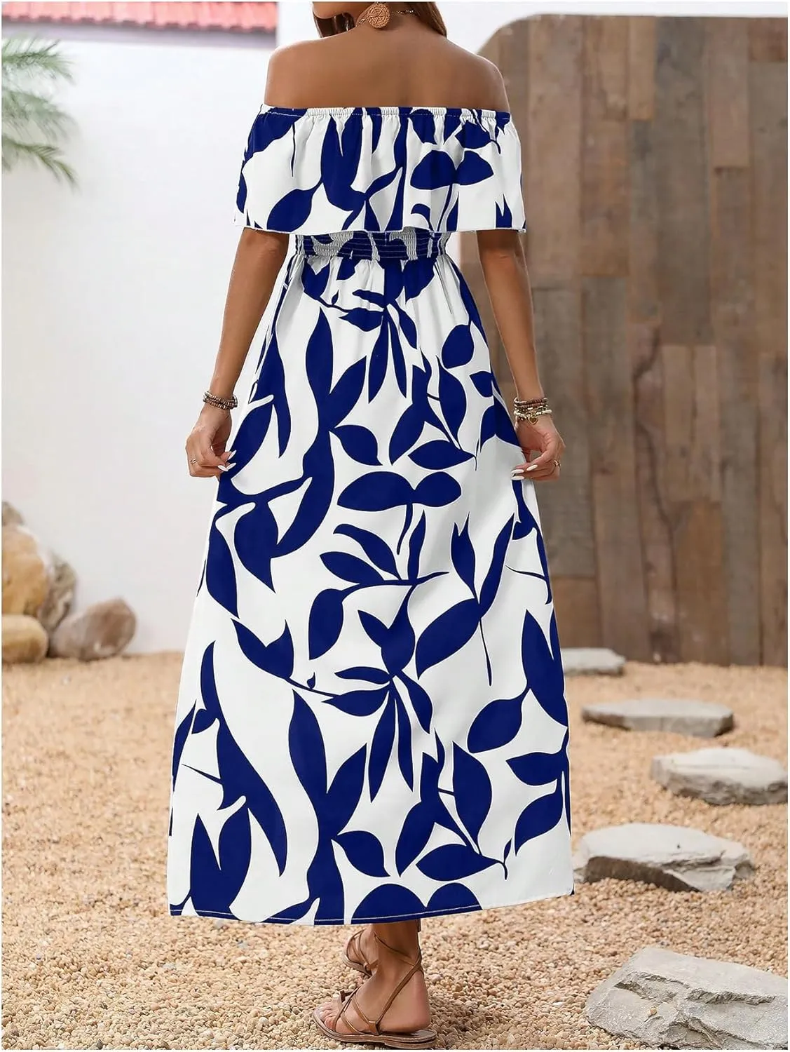 MakeMeChic Women's Floral Print Boho Dress Off Shoulder Shirred Split Thigh Midi Long Dresses