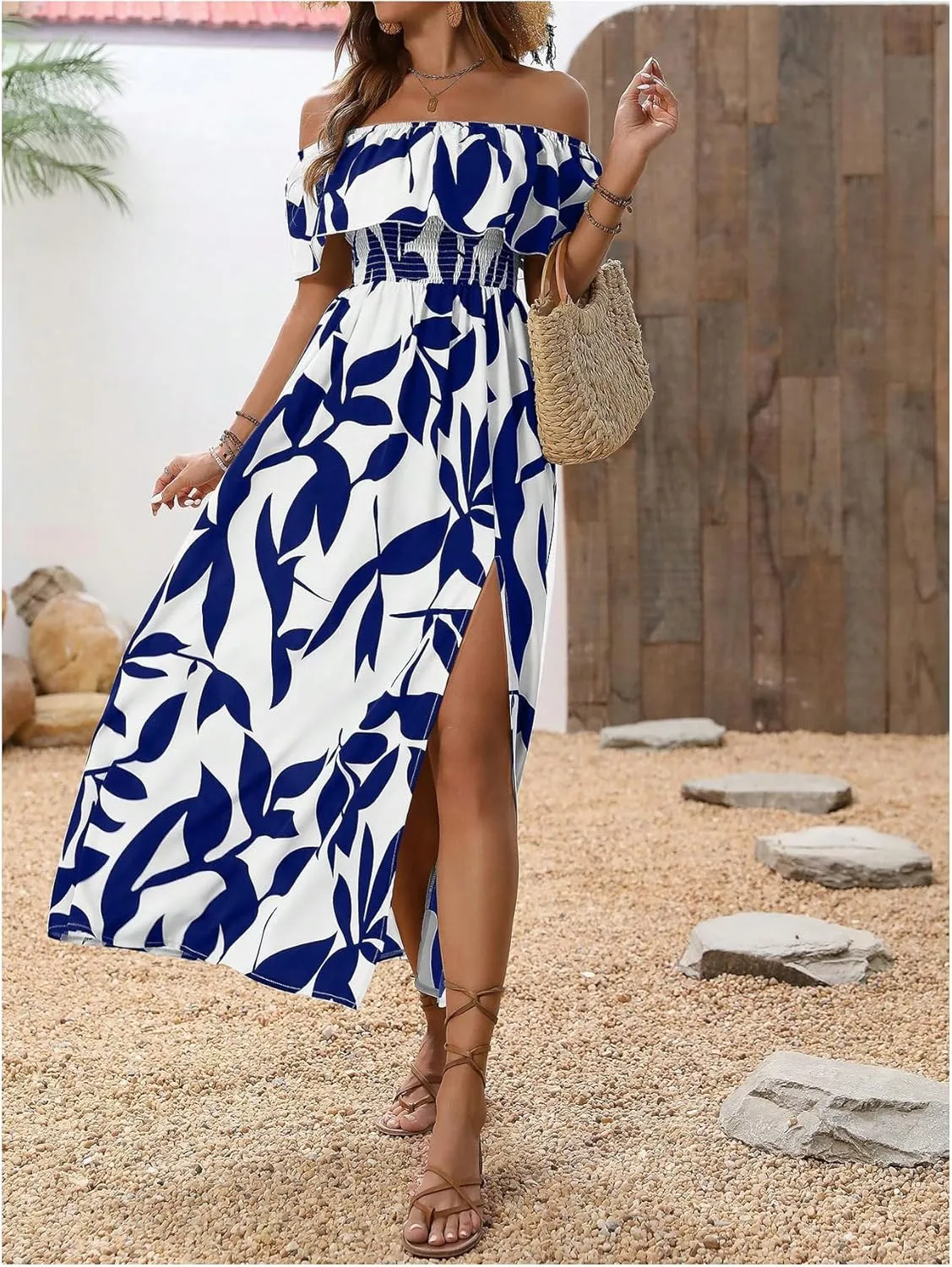 MakeMeChic Women's Floral Print Boho Dress Off Shoulder Shirred Split Thigh Midi Long Dresses