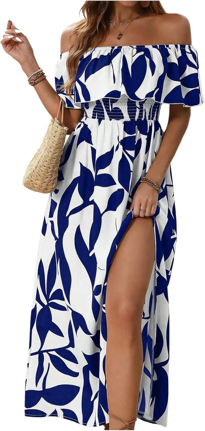 MakeMeChic Women's Floral Print Boho Dress Off Shoulder Shirred Split Thigh Midi Long Dresses