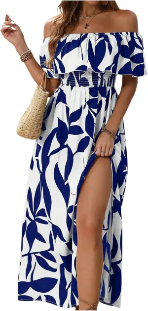 MakeMeChic Women's Floral Print Boho Dress Off Shoulder Shirred Split Thigh Midi Long Dresses