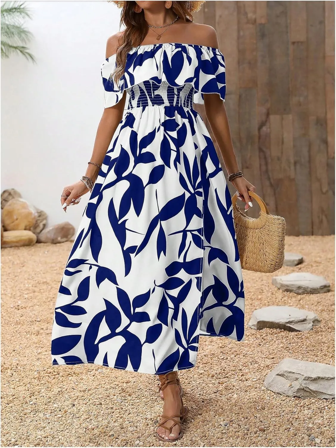 MakeMeChic Women's Floral Print Boho Dress Off Shoulder Shirred Split Thigh Midi Long Dresses
