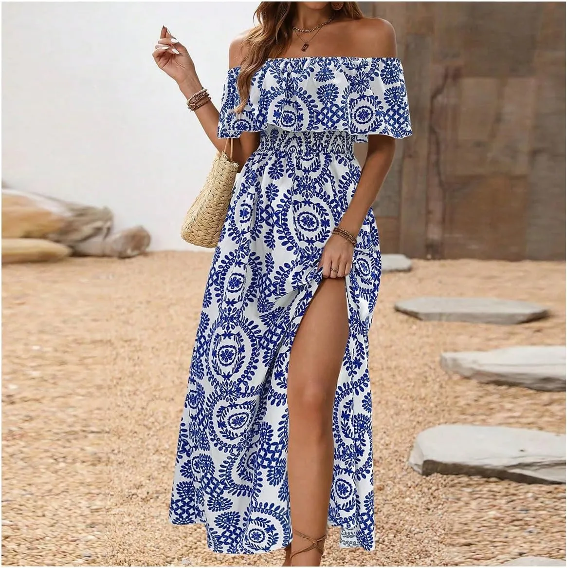 MakeMeChic Women's Floral Print Boho Dress Off Shoulder Shirred Split Thigh Midi Long Dresses
