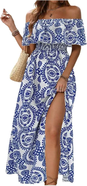 MakeMeChic Women's Floral Print Boho Dress Off Shoulder Shirred Split Thigh Midi Long Dresses