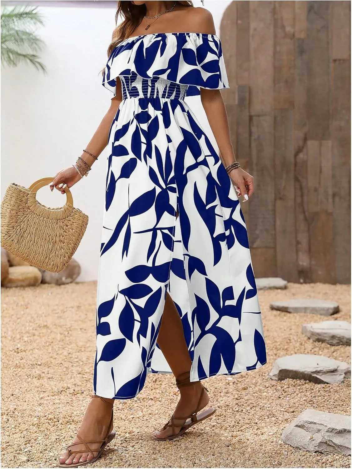 MakeMeChic Women's Floral Print Boho Dress Off Shoulder Shirred Split Thigh Midi Long Dresses
