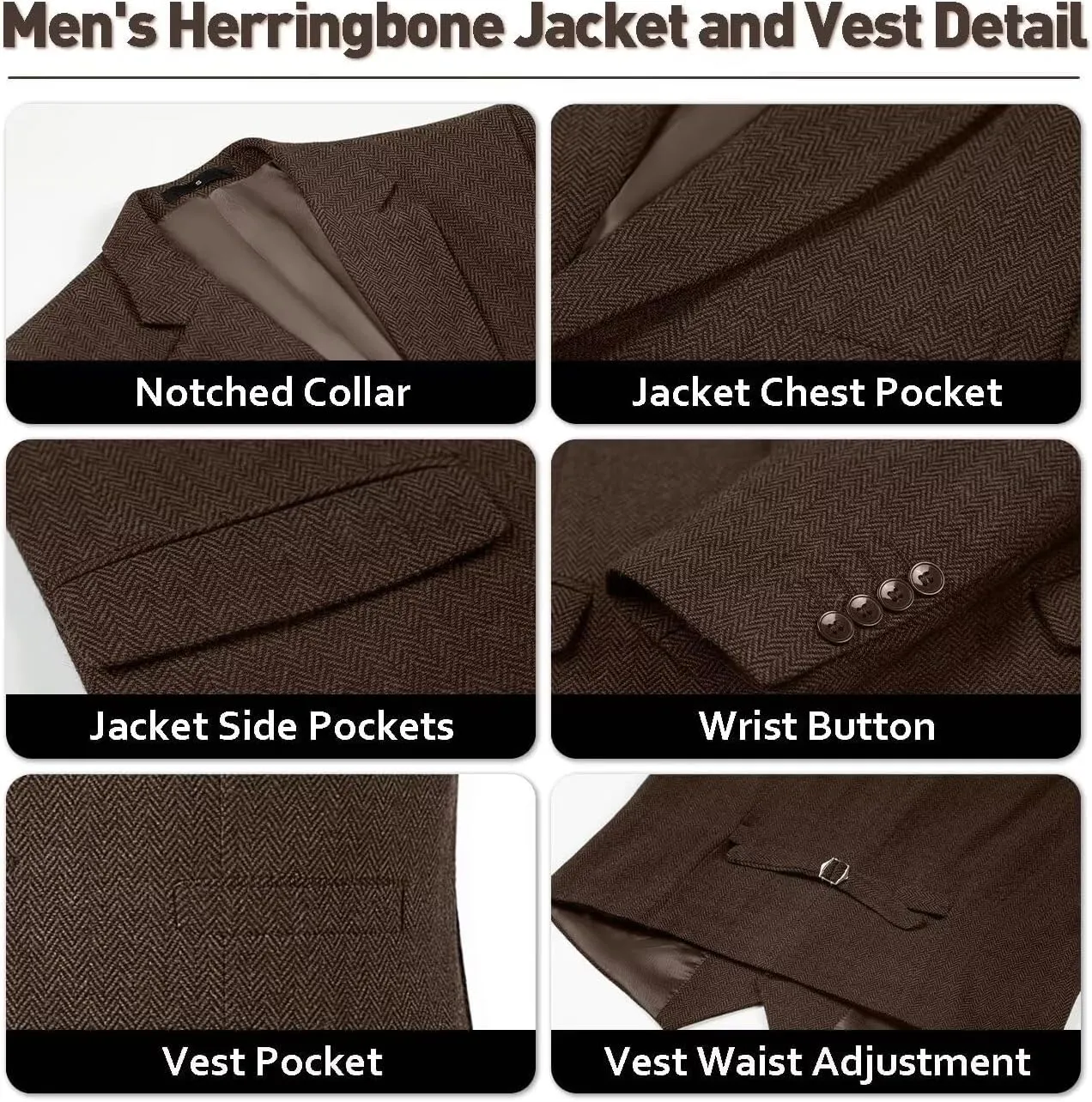 Mens Tweed Herringbone Suit Slim Fit 3 Pieces Mens Wedding Party Suit Groomsmen Tuxedos Prom Suit Jacket Vest Pants