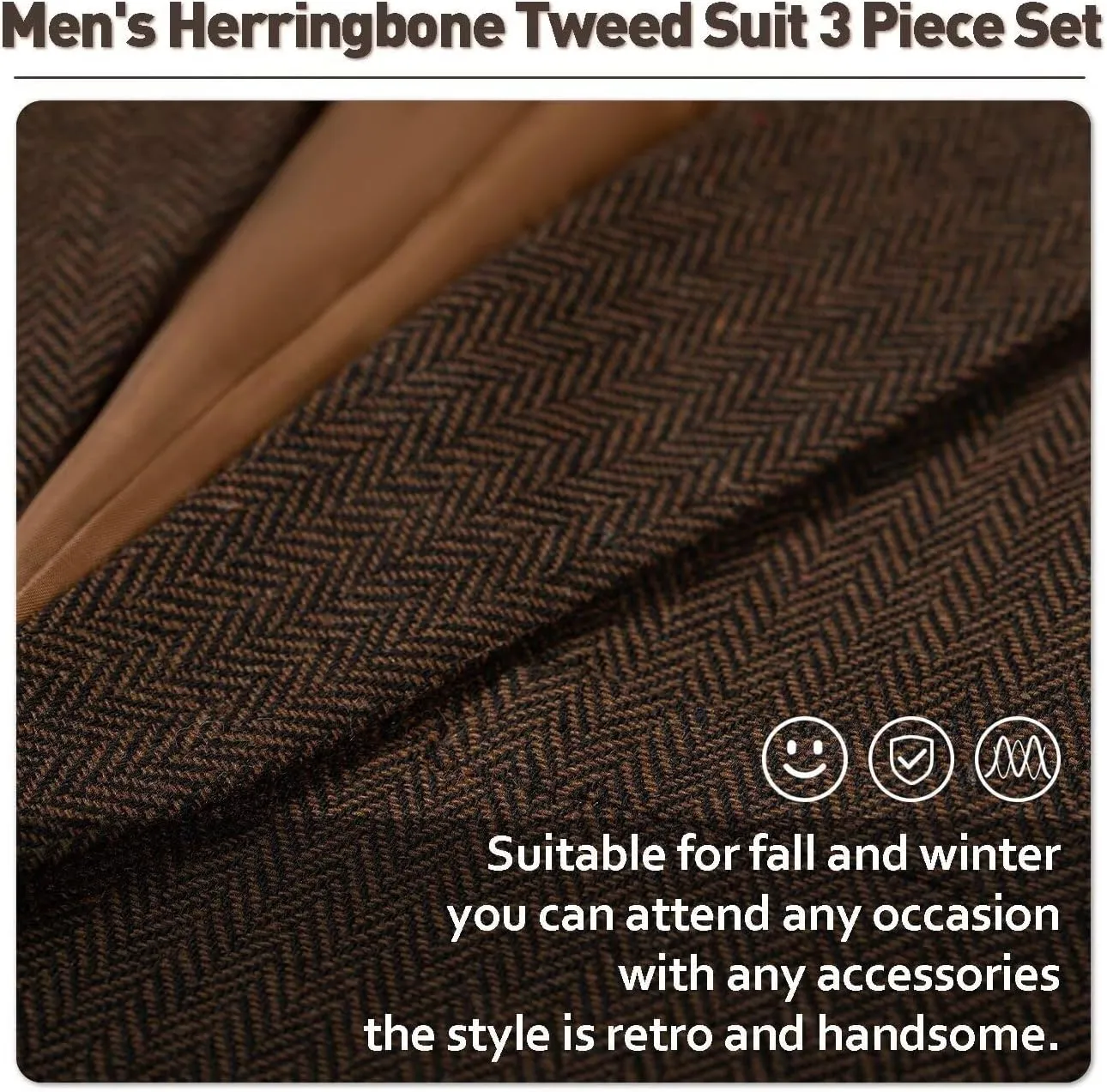 Mens Tweed Herringbone Suit Slim Fit 3 Pieces Mens Wedding Party Suit Groomsmen Tuxedos Prom Suit Jacket Vest Pants