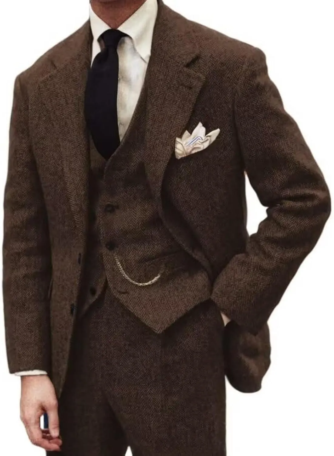 Mens Tweed Herringbone Suit Slim Fit 3 Pieces Mens Wedding Party Suit Groomsmen Tuxedos Prom Suit Jacket Vest Pants