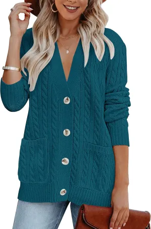 MEROKEETY Women's 2025 Long Sleeve Cable Knit Button Cardigan Sweater Open Front Outwear Coat with Pockets