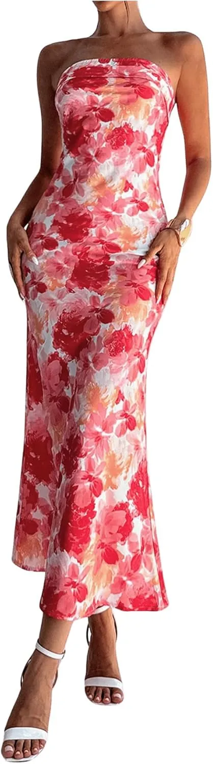 Milumia Women's Boho Floral Tube Dress Wedding Guest Strapless Backless Bodycon Cocktail Summer Long Dresses