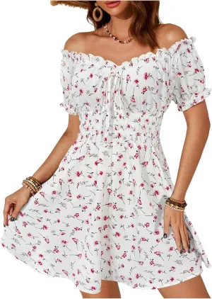 Milumia Women's Floral Off Shoulder Puff Sleeve Short Dress Boho Frill Trim A Line Mini Dresses