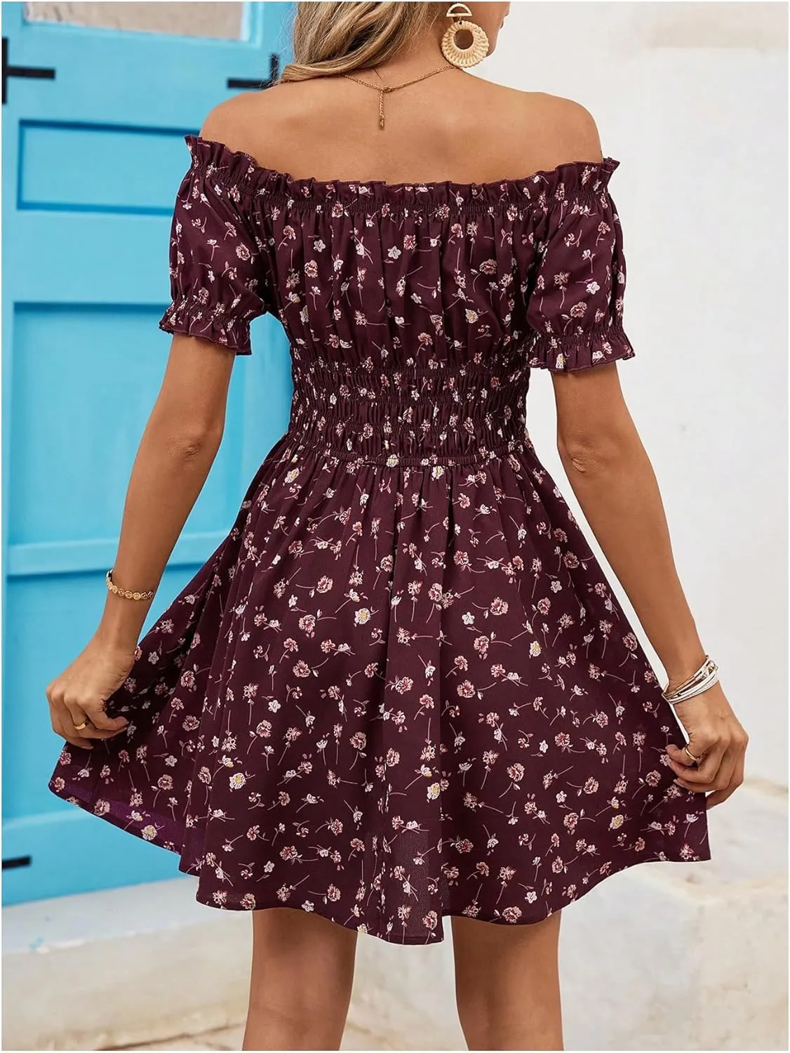 Milumia Women's Floral Off Shoulder Puff Sleeve Short Dress Boho Frill Trim A Line Mini Dresses