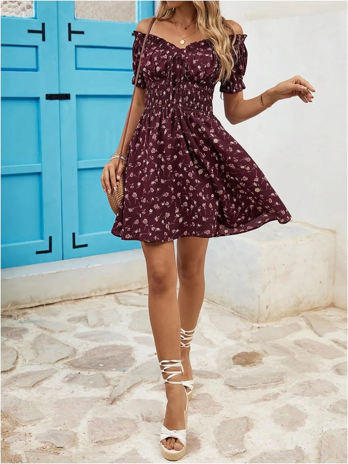Milumia Women's Floral Off Shoulder Puff Sleeve Short Dress Boho Frill Trim A Line Mini Dresses
