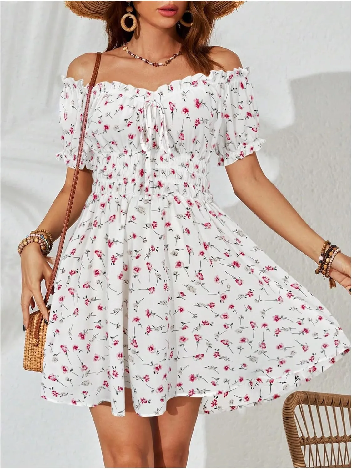 Milumia Women's Floral Off Shoulder Puff Sleeve Short Dress Boho Frill Trim A Line Mini Dresses