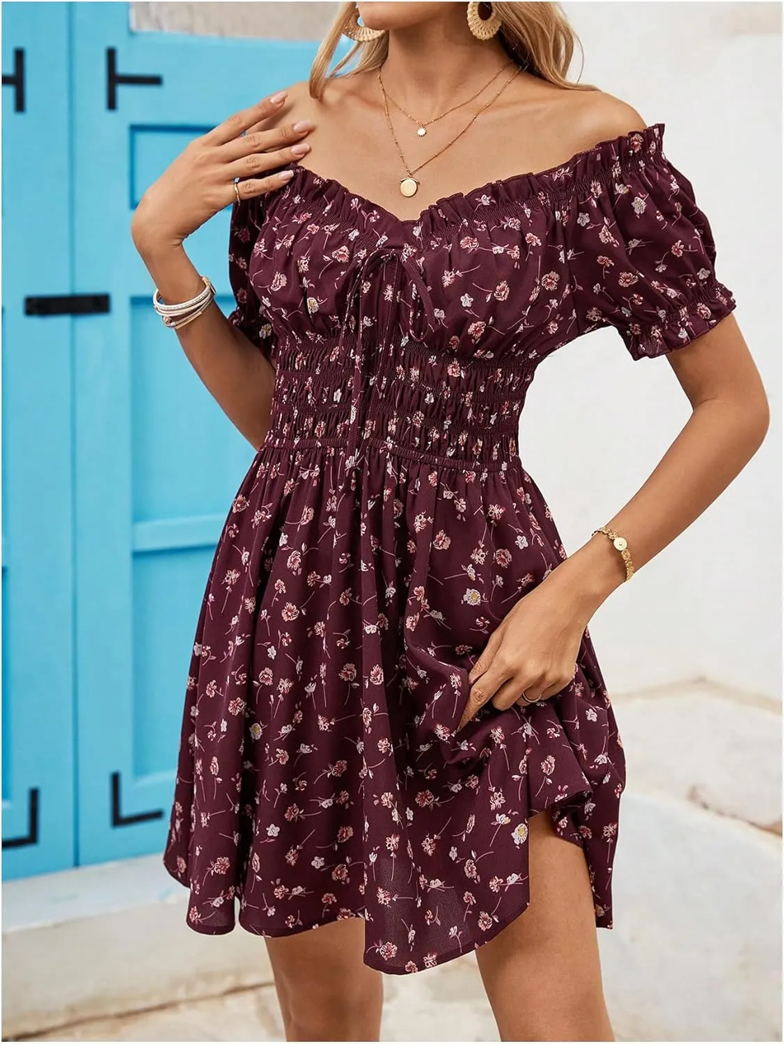 Milumia Women's Floral Off Shoulder Puff Sleeve Short Dress Boho Frill Trim A Line Mini Dresses