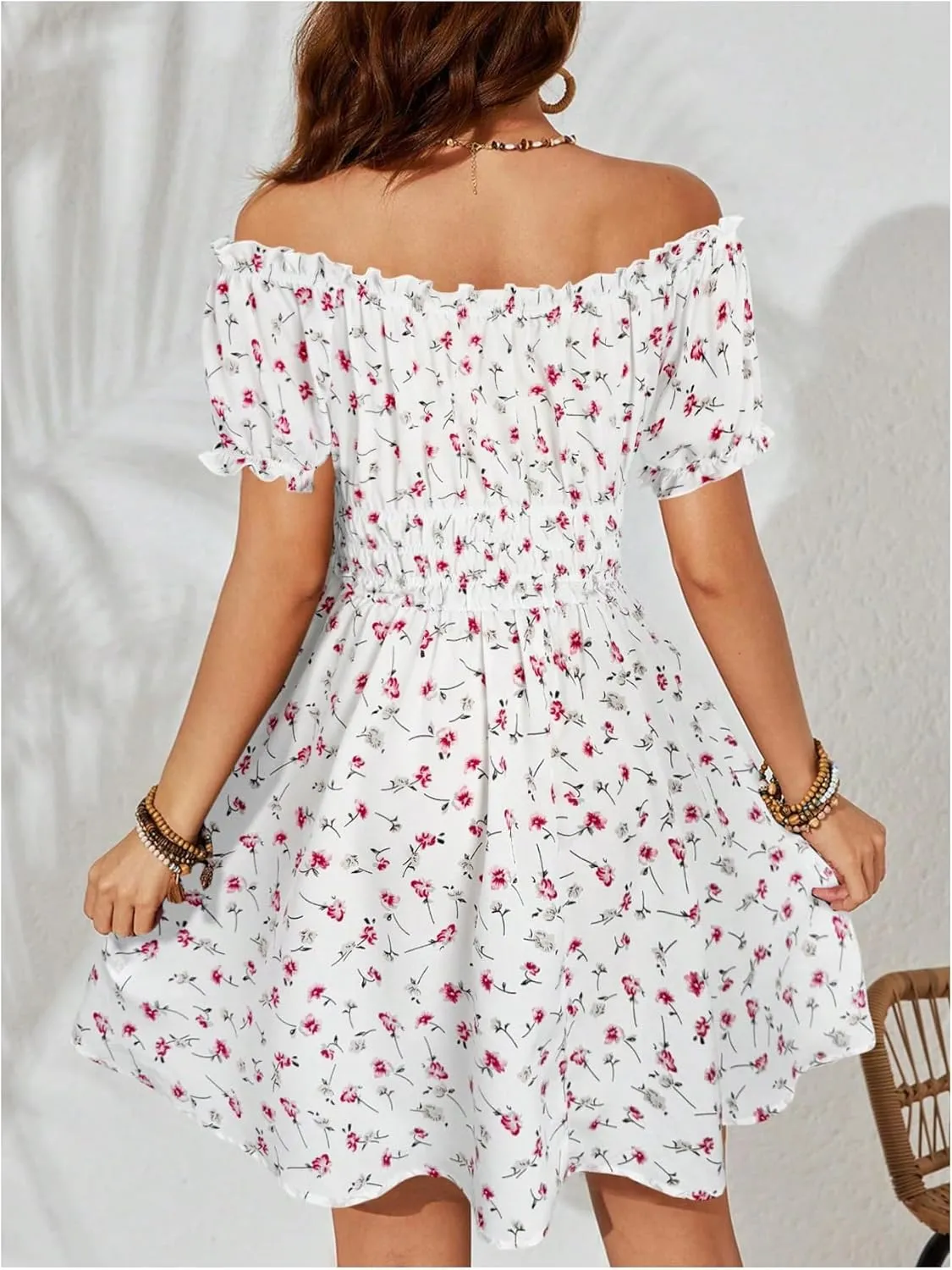 Milumia Women's Floral Off Shoulder Puff Sleeve Short Dress Boho Frill Trim A Line Mini Dresses