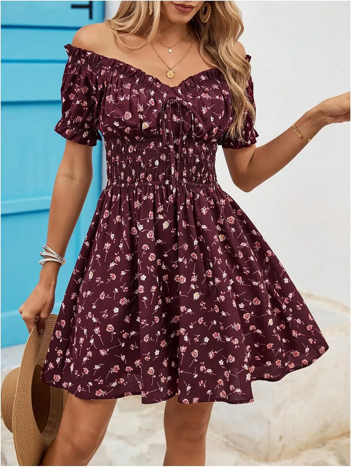 Milumia Women's Floral Off Shoulder Puff Sleeve Short Dress Boho Frill Trim A Line Mini Dresses