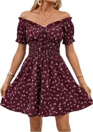 Milumia Women's Floral Off Shoulder Puff Sleeve Short Dress Boho Frill Trim A Line Mini Dresses
