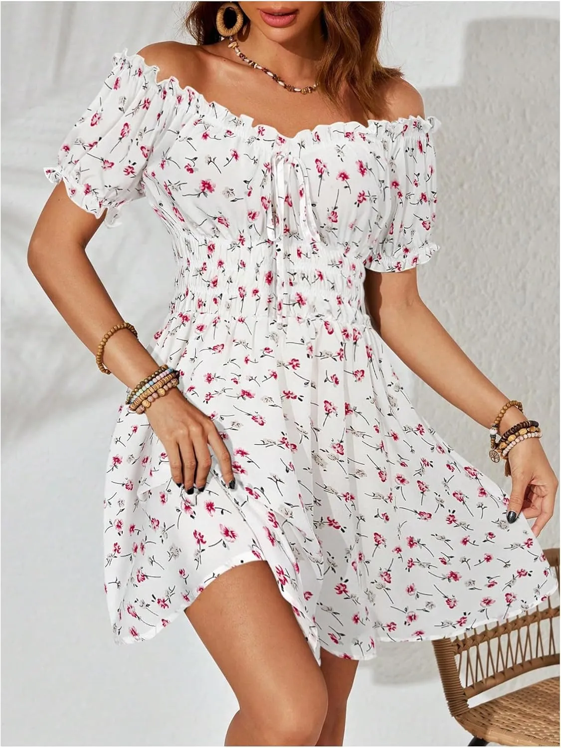Milumia Women's Floral Off Shoulder Puff Sleeve Short Dress Boho Frill Trim A Line Mini Dresses