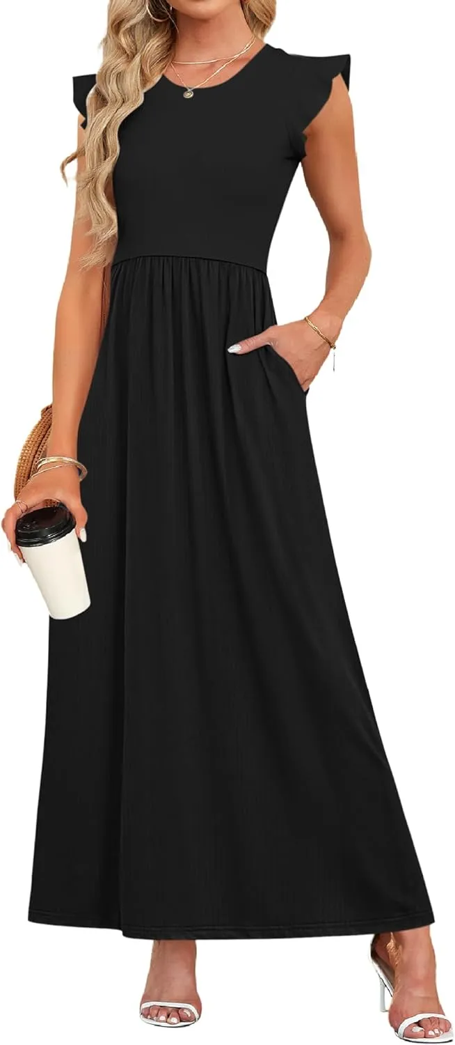 MISFAY Women's Ruffle Sleeve Maxi Dresses Casual Crewneck Long Dress with Pocket