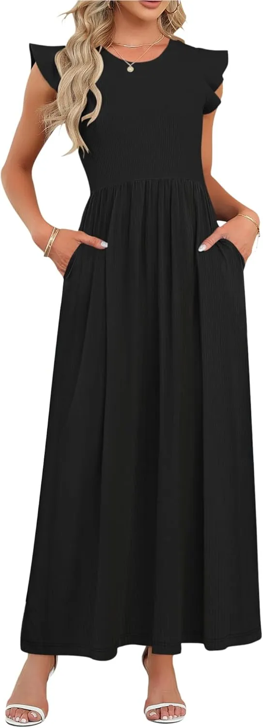 MISFAY Women's Ruffle Sleeve Maxi Dresses Casual Crewneck Long Dress with Pocket