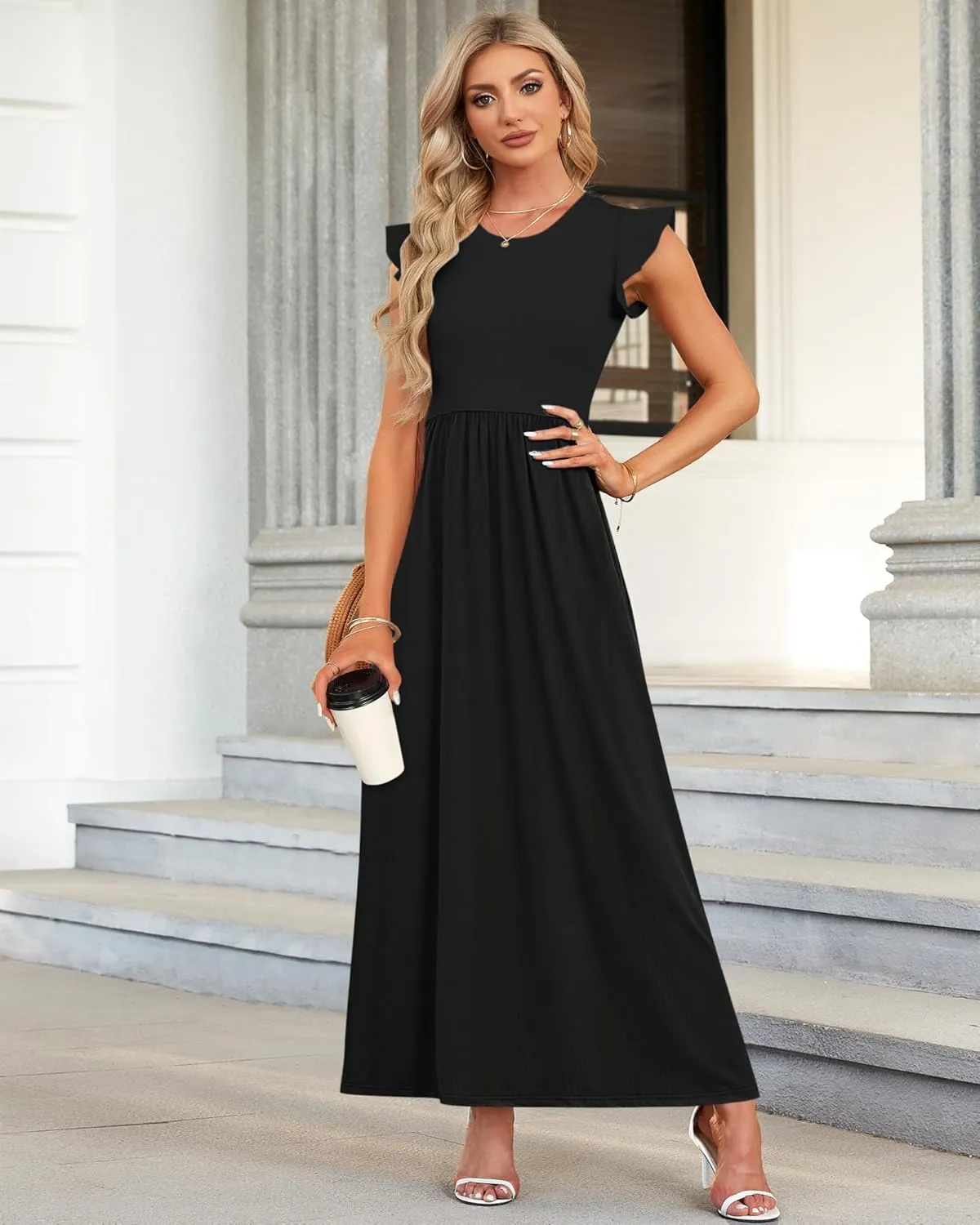 MISFAY Women's Ruffle Sleeve Maxi Dresses Casual Crewneck Long Dress with Pocket