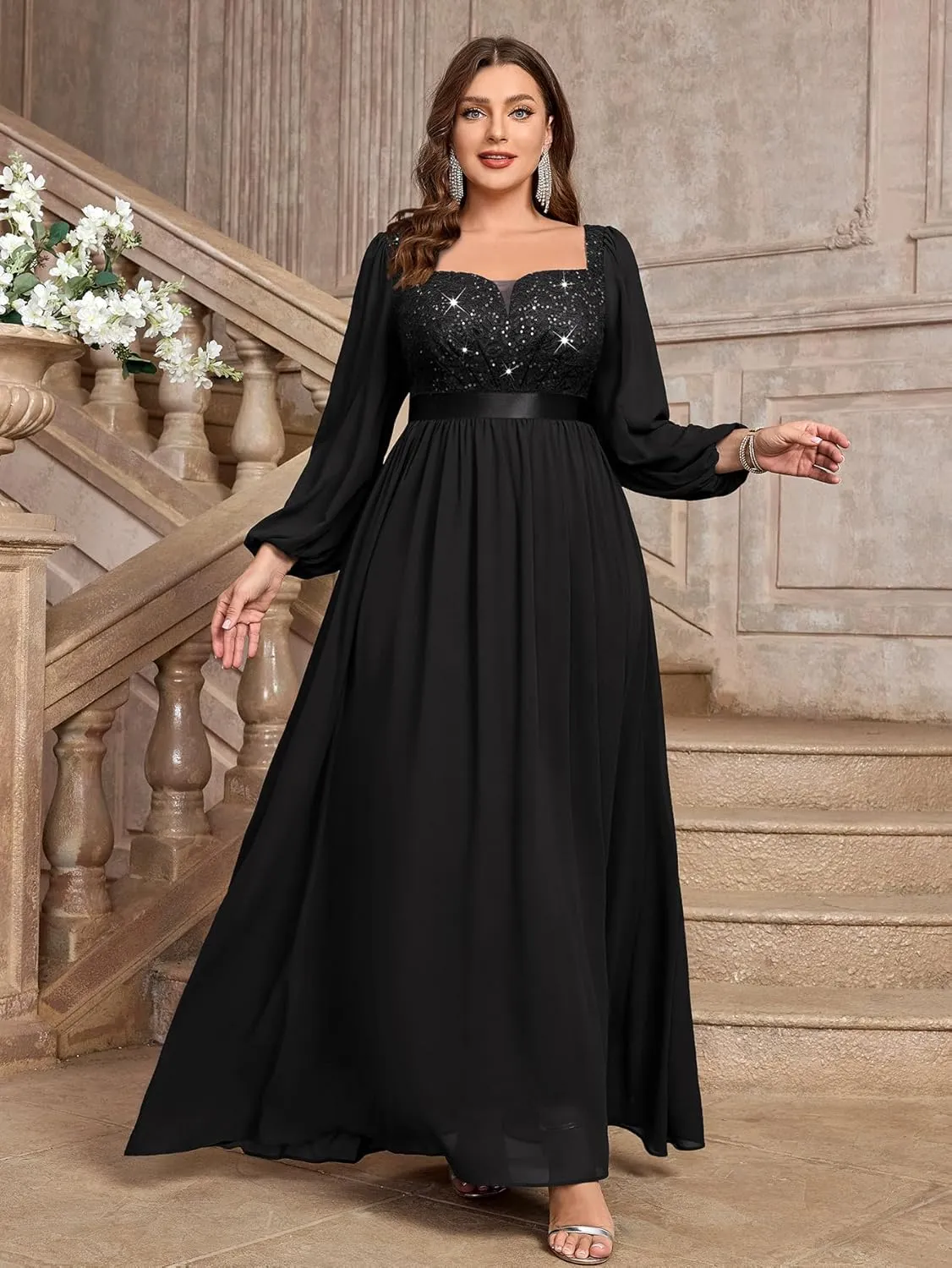 MISSMAY Women's Plus Size Sequin Lace Square V Neck Sheer Long Sleeves Formal Evening Chiffon Long Dress
