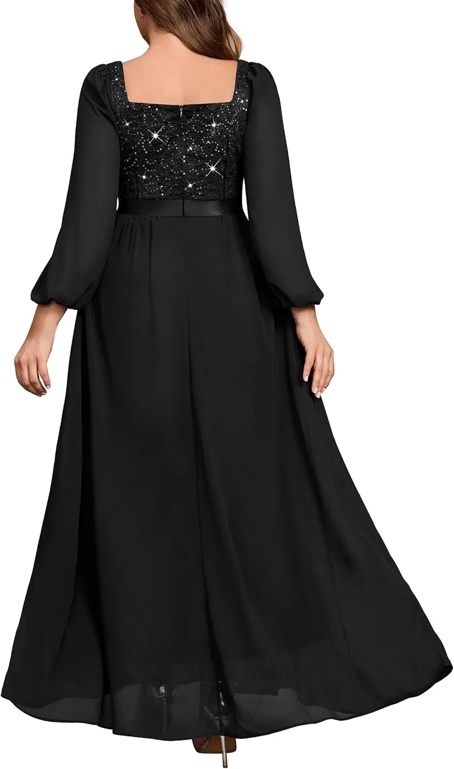 MISSMAY Women's Plus Size Sequin Lace Square V Neck Sheer Long Sleeves Formal Evening Chiffon Long Dress