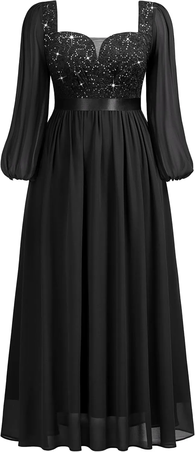 MISSMAY Women's Plus Size Sequin Lace Square V Neck Sheer Long Sleeves Formal Evening Chiffon Long Dress