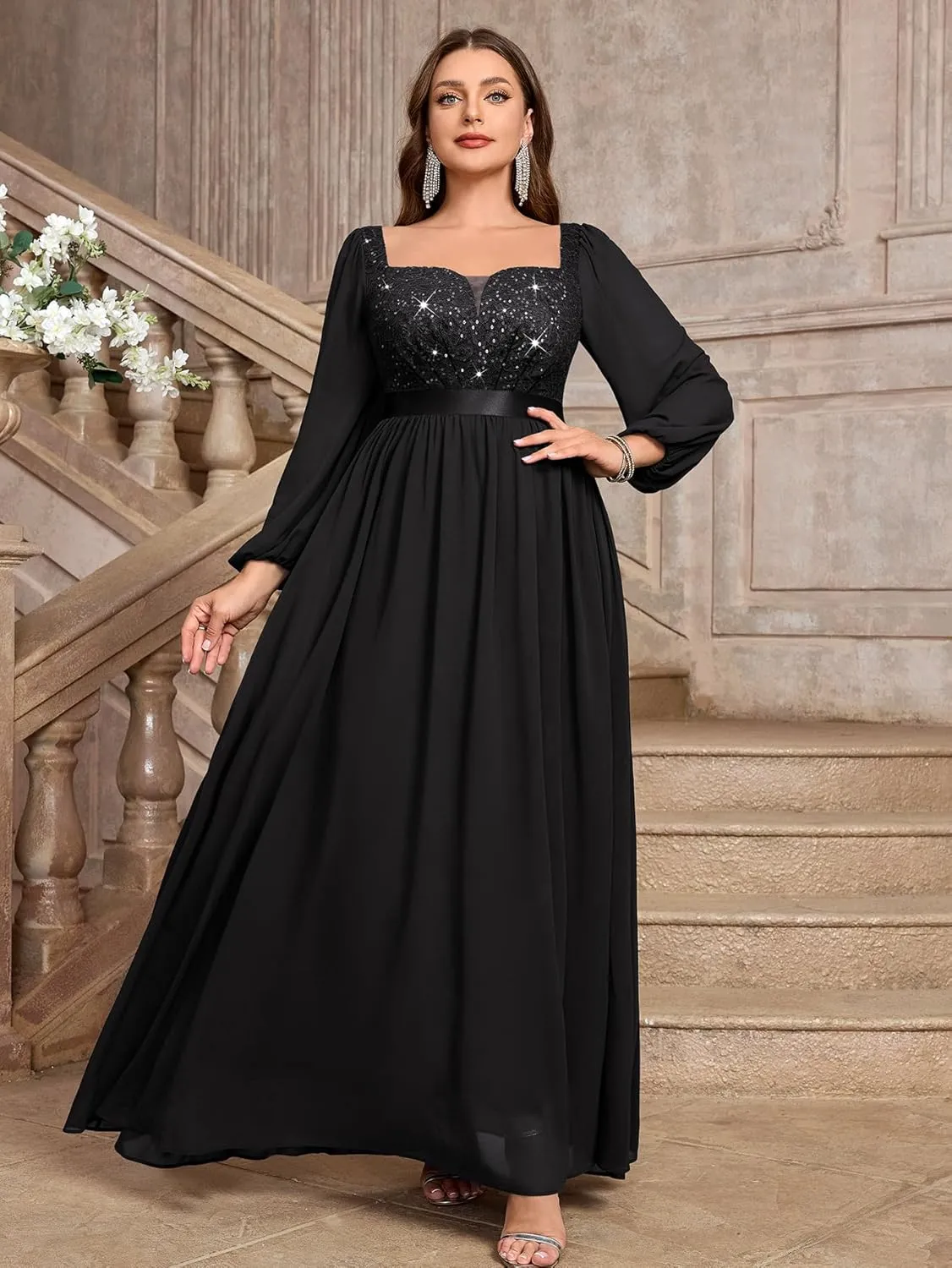 MISSMAY Women's Plus Size Sequin Lace Square V Neck Sheer Long Sleeves Formal Evening Chiffon Long Dress