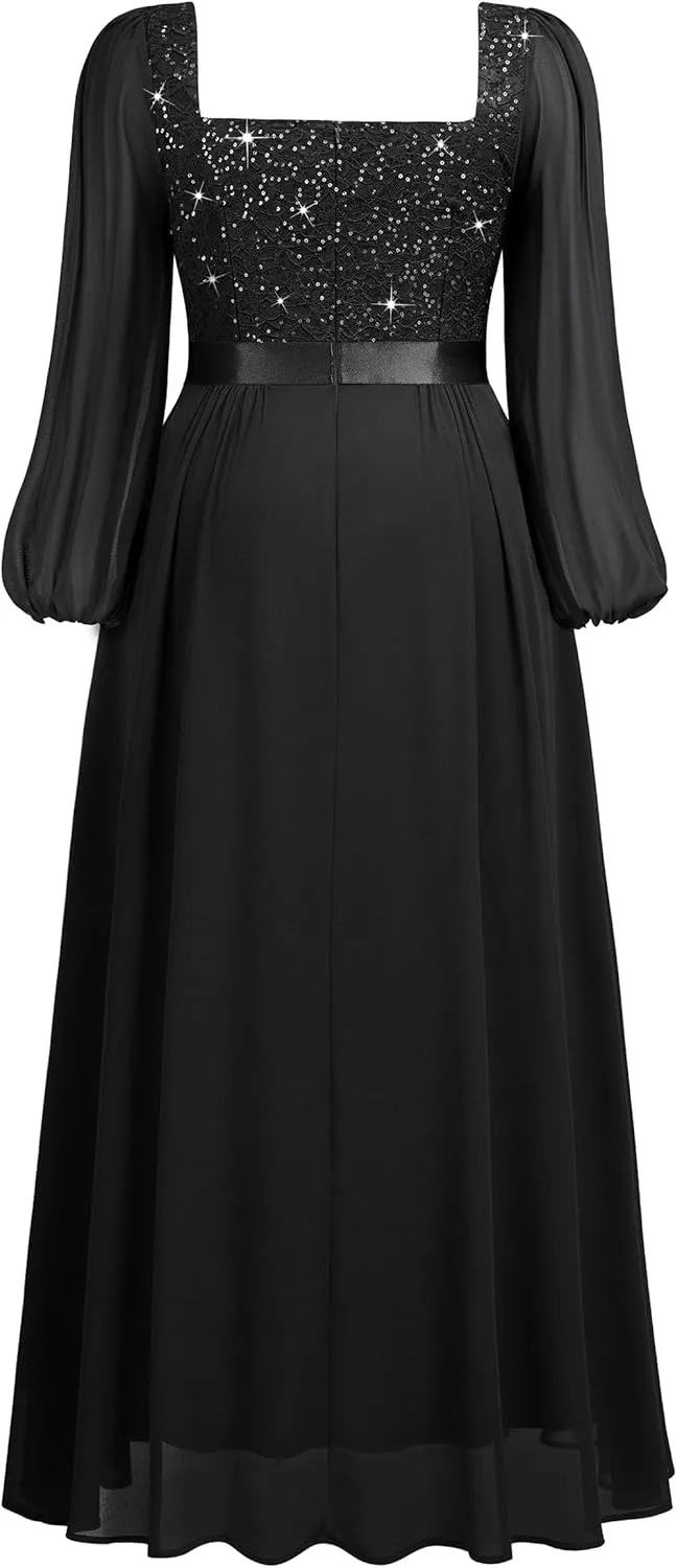 MISSMAY Women's Plus Size Sequin Lace Square V Neck Sheer Long Sleeves Formal Evening Chiffon Long Dress