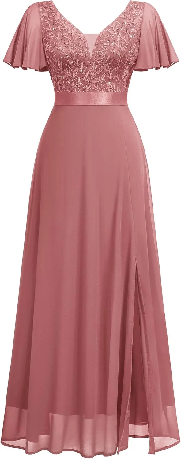 Miusol Women's V-Neck Sequin Lace Classy Ruffle Sleeve Bridesmaid Maxi Dress