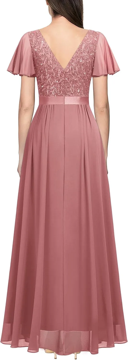 Miusol Women's V-Neck Sequin Lace Classy Ruffle Sleeve Bridesmaid Maxi Dress