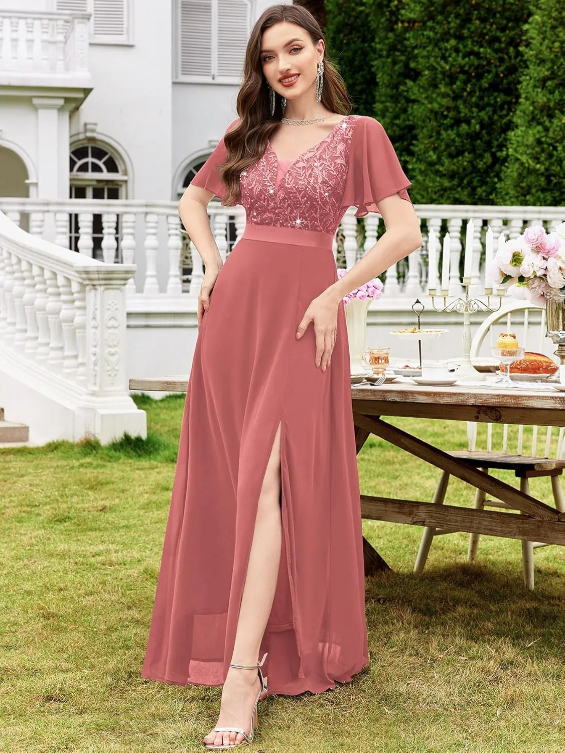 Miusol Women's V-Neck Sequin Lace Classy Ruffle Sleeve Bridesmaid Maxi Dress