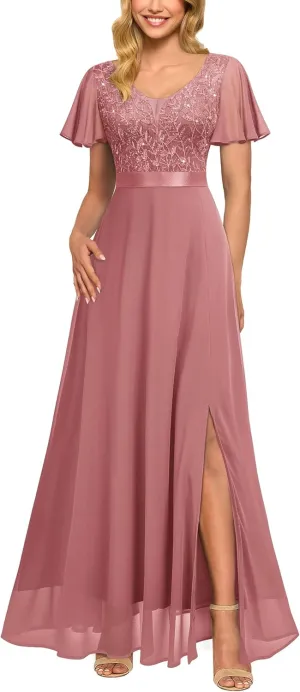 Miusol Women's V-Neck Sequin Lace Classy Ruffle Sleeve Bridesmaid Maxi Dress