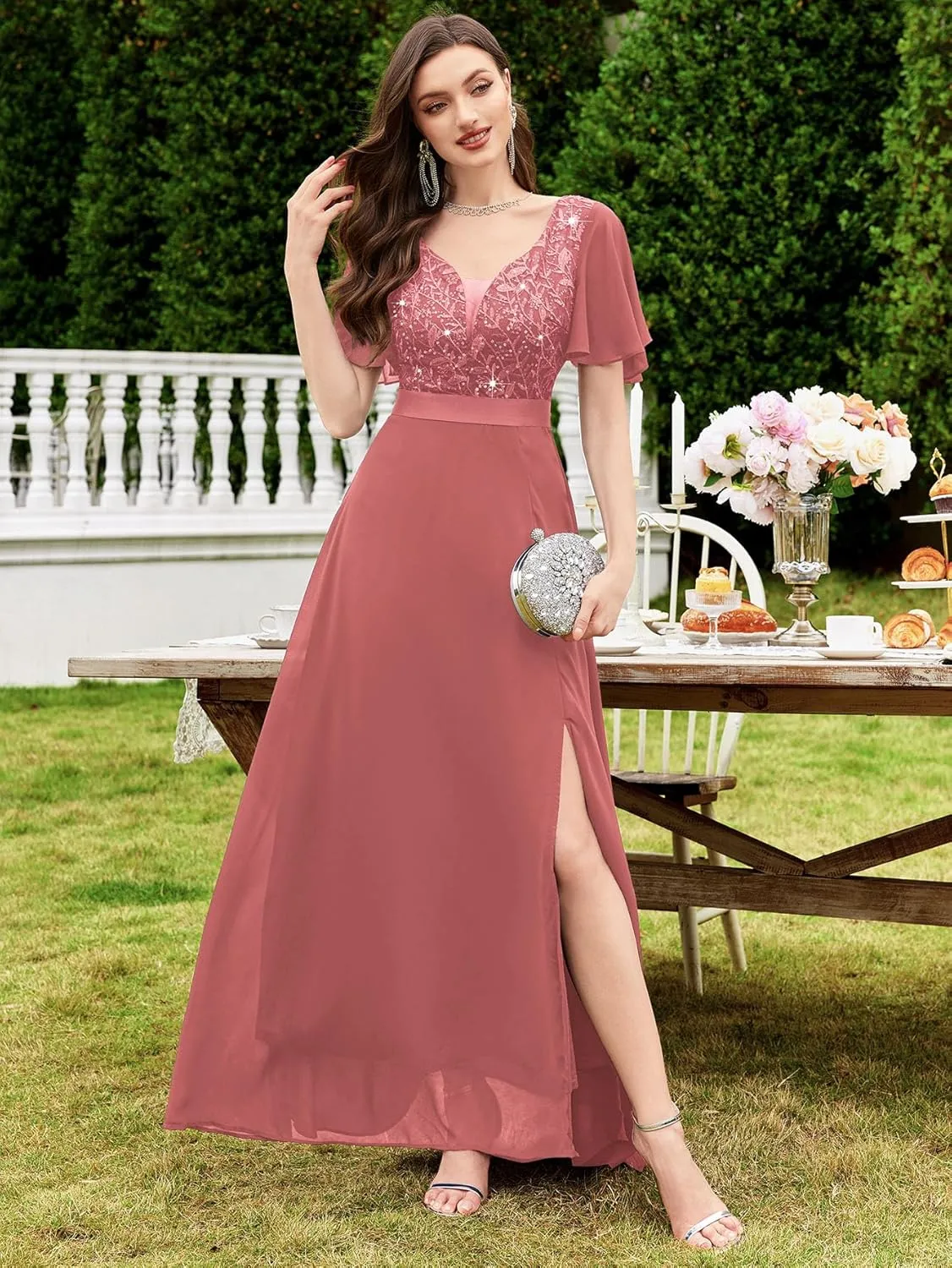Miusol Women's V-Neck Sequin Lace Classy Ruffle Sleeve Bridesmaid Maxi Dress