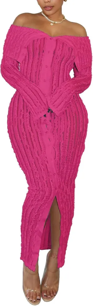 Mojessy Off Shoulder Ruffle Dresses for Women Sexy Long Sleeve Button Down See Through Bodycon Maxi Dresses
