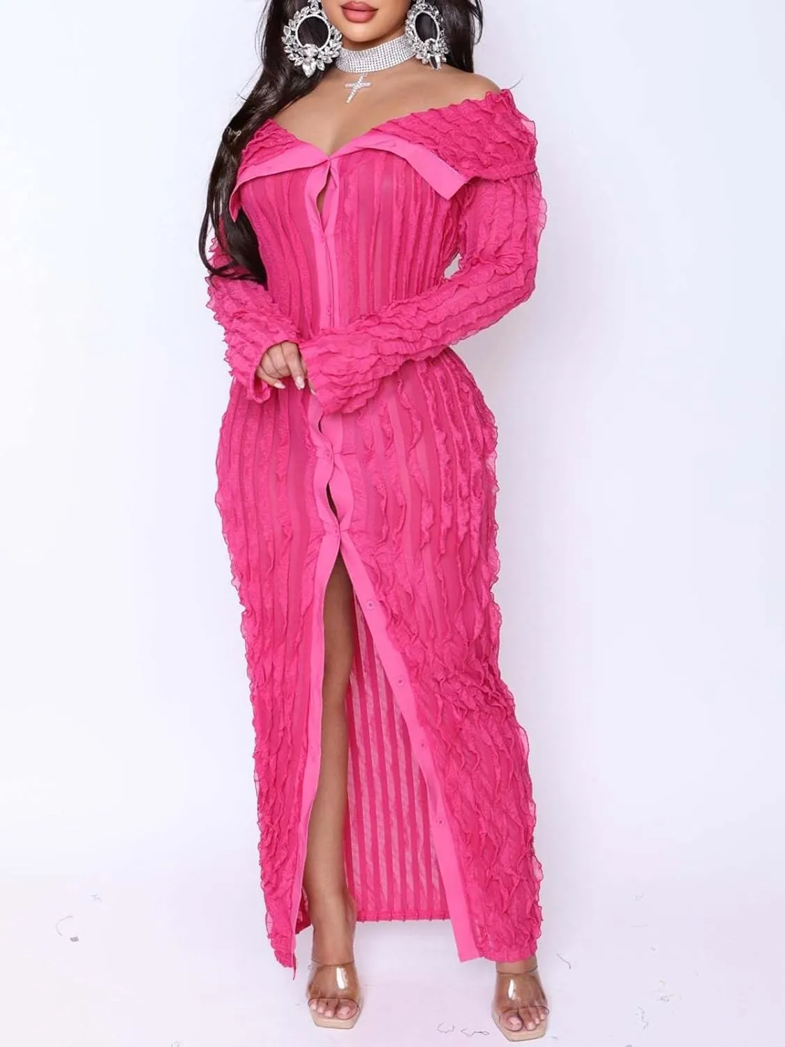 Mojessy Off Shoulder Ruffle Dresses for Women Sexy Long Sleeve Button Down See Through Bodycon Maxi Dresses