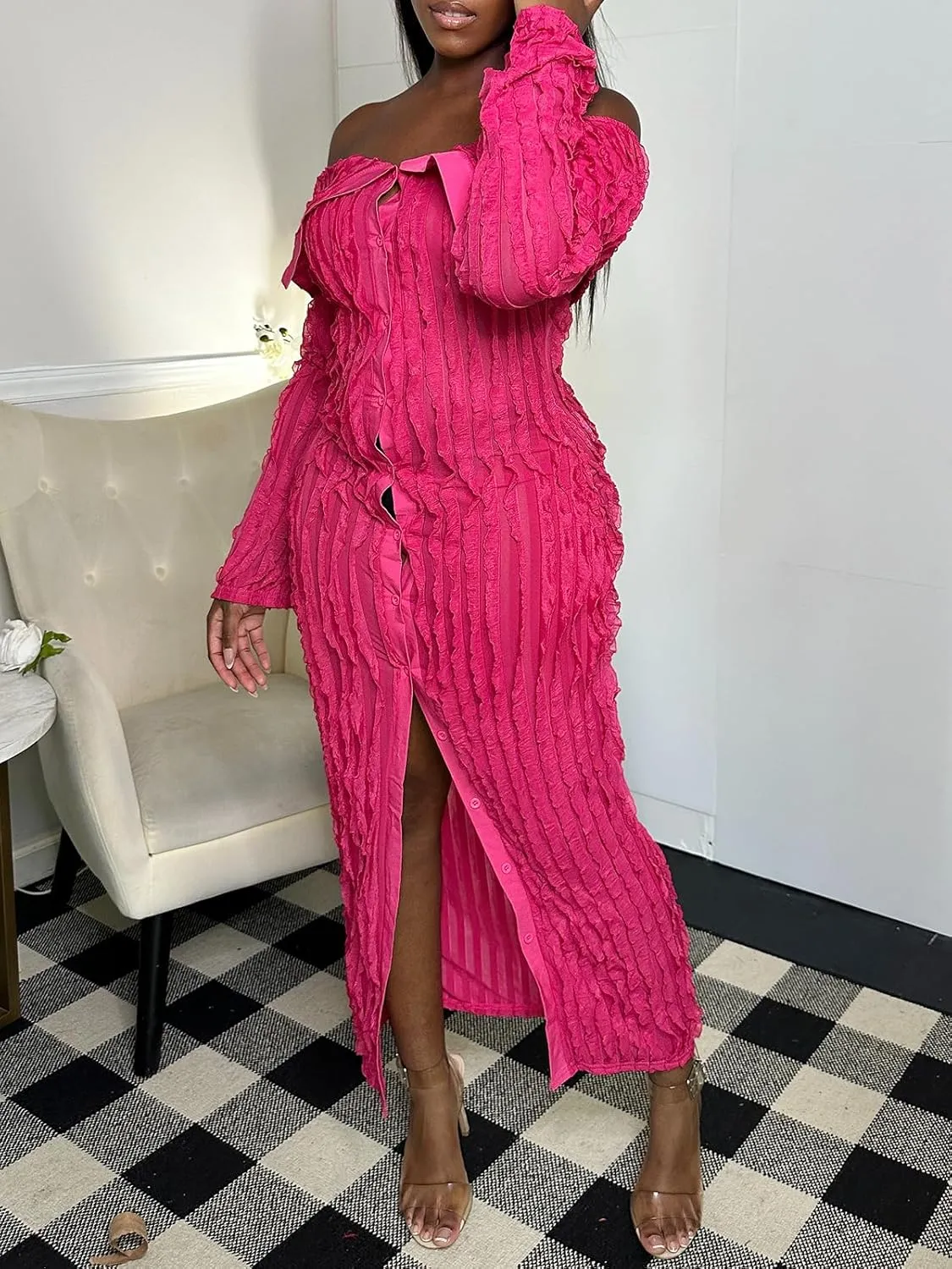 Mojessy Off Shoulder Ruffle Dresses for Women Sexy Long Sleeve Button Down See Through Bodycon Maxi Dresses