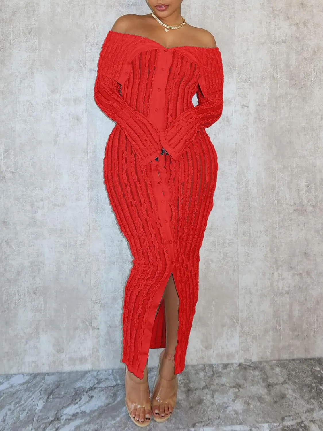 Mojessy Off Shoulder Ruffle Dresses for Women Sexy Long Sleeve Button Down See Through Bodycon Maxi Dresses