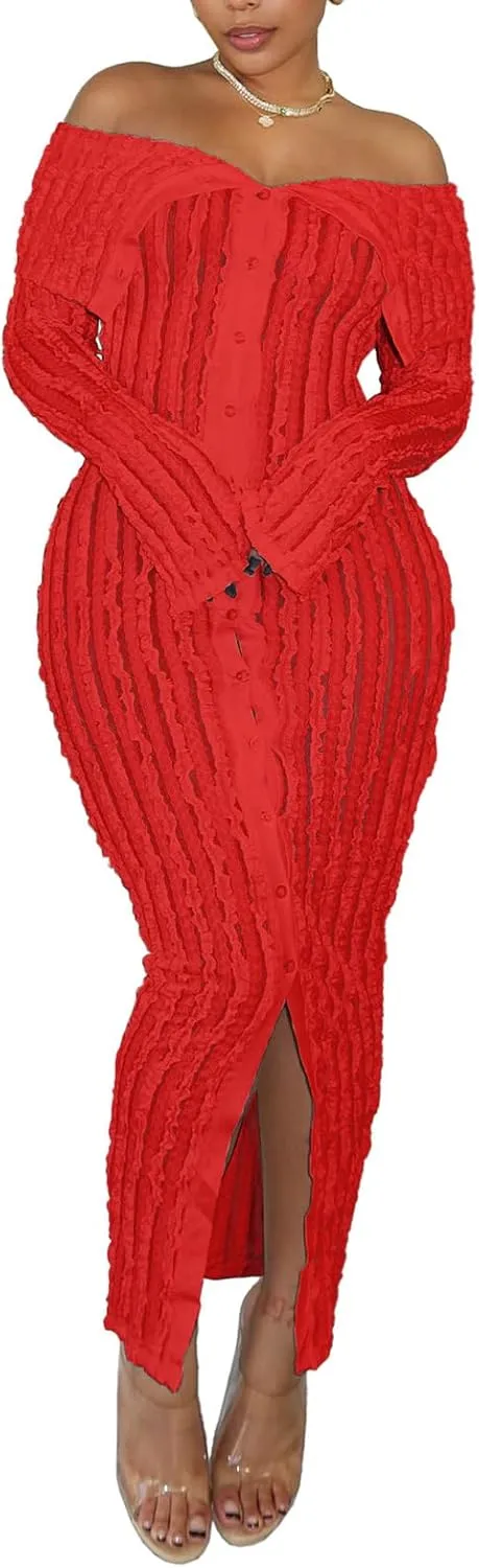 Mojessy Off Shoulder Ruffle Dresses for Women Sexy Long Sleeve Button Down See Through Bodycon Maxi Dresses