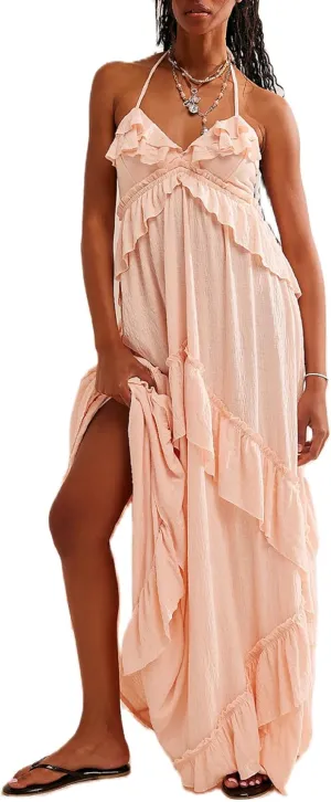 NUFIWI Sexy V Neck Backless Asymmetrical Ruffle Maxi Dress Halter Neck Sleeveless Long Dress Cutout Flowy Tiered Sundresses