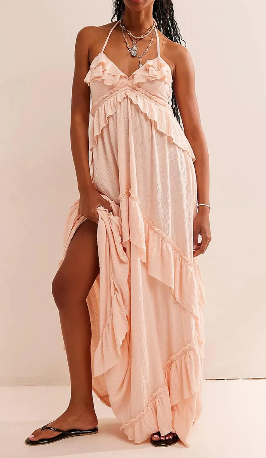 NUFIWI Sexy V Neck Backless Asymmetrical Ruffle Maxi Dress Halter Neck Sleeveless Long Dress Cutout Flowy Tiered Sundresses